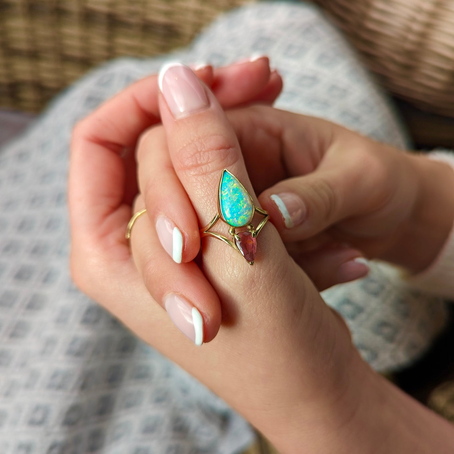 An Australian Crystal Opal Ring with Peachy Tourmaline in 9K Yellow Gold