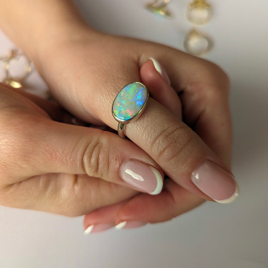 statement opal ring in 9k white gold