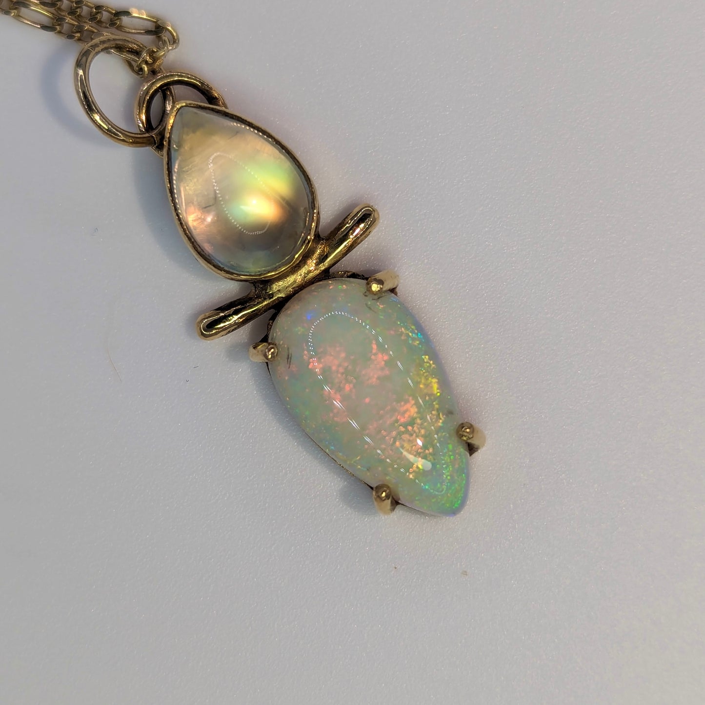 Australian Opal & Rainbow Moonstone in 18K Gold. Assay Hallmarked.