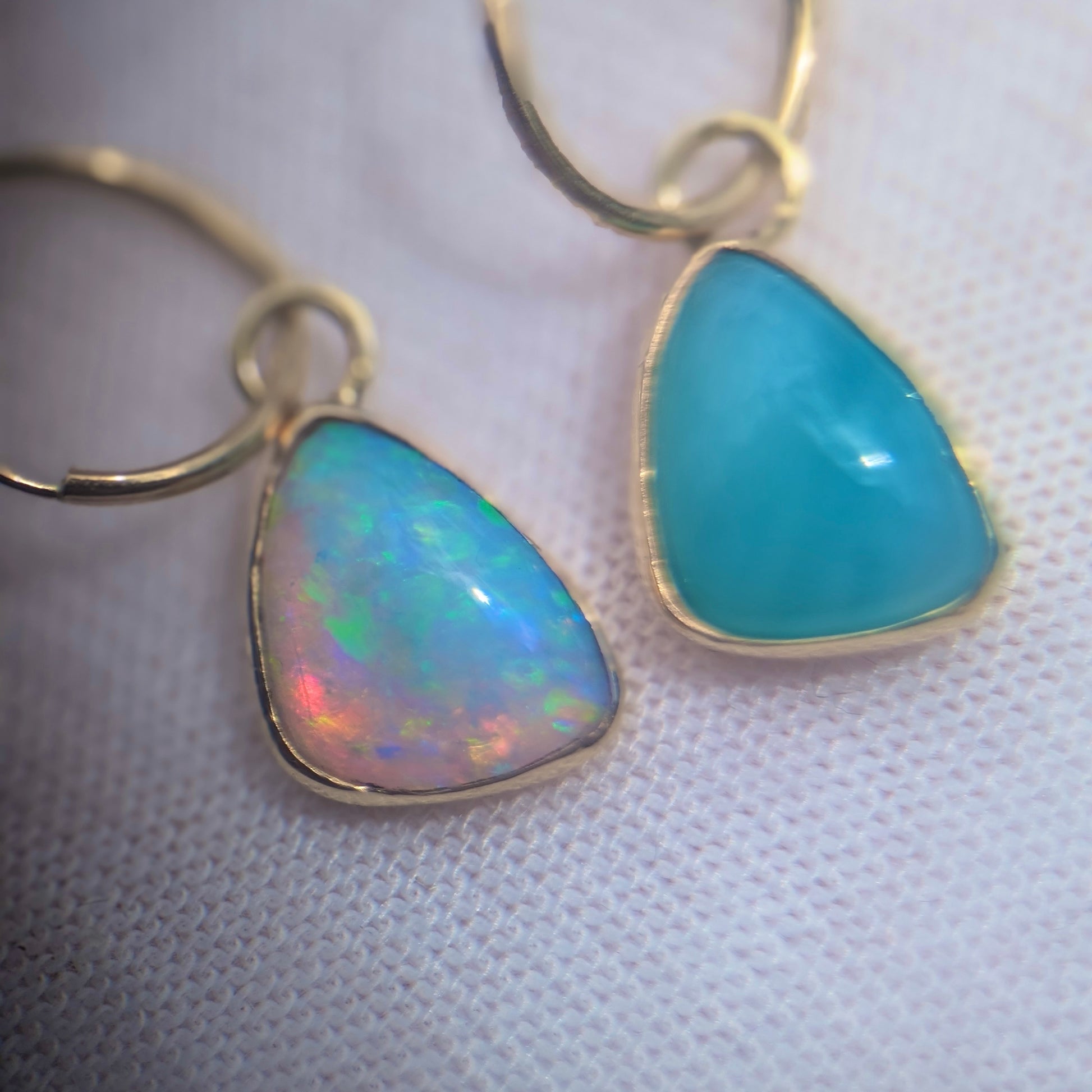 Blue Peruvian and Australian Opal Drop earrings in 9K Yellow gold hoops