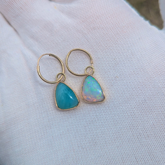 Blue Peruvian and Australian Opal Drop earrings in 9K Yellow gold hoops