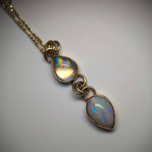 Chunky Chain Drop Pendant with High Grade Rainbow Moonstone and Australian Opal in 9K Yellow Gold . Assay Hallmarked
