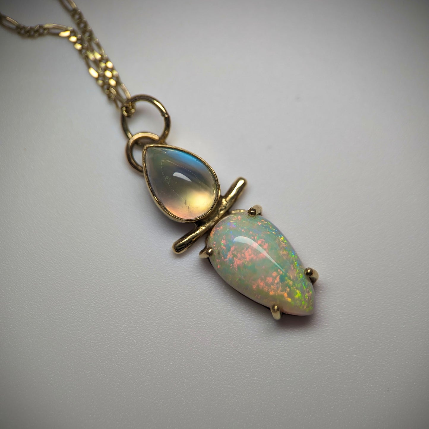 Australian Opal & Rainbow Moonstone in 18K Gold. Assay Hallmarked.