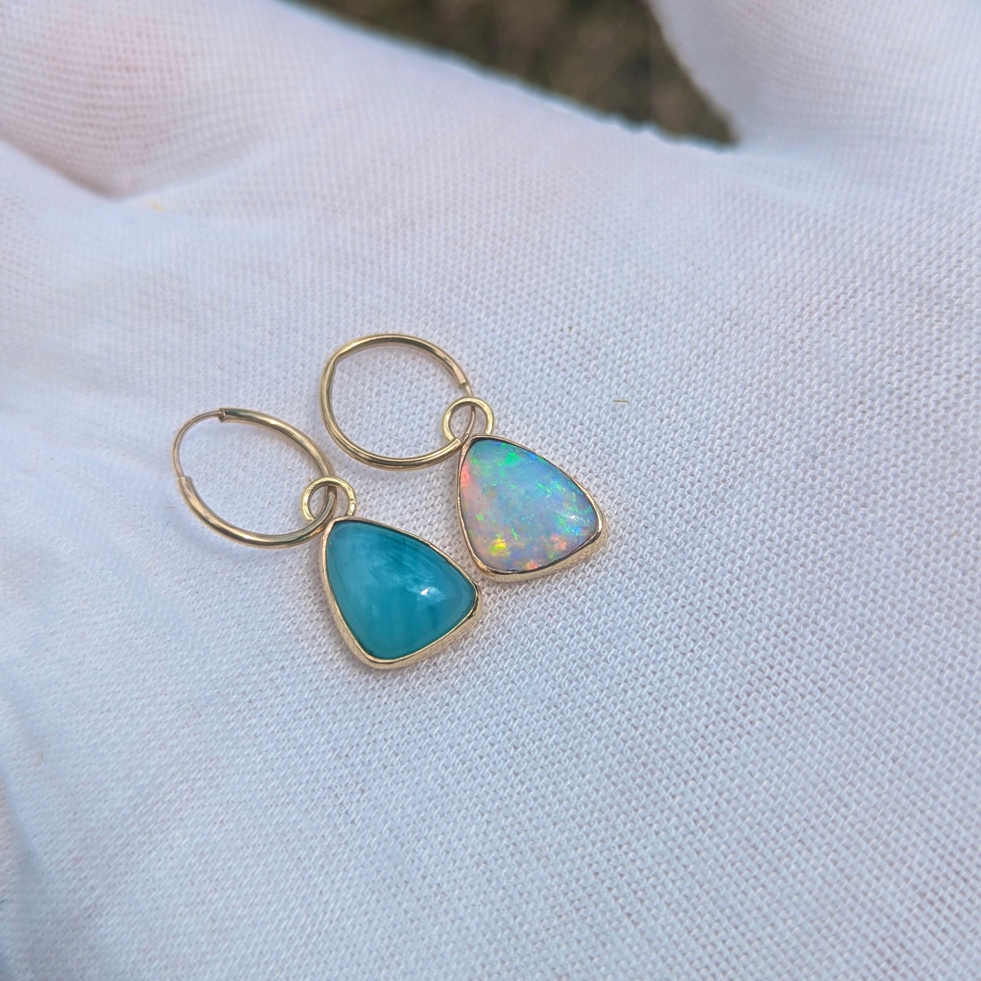 Blue Peruvian and Australian Opal Drop earrings in 9K Yellow gold hoops