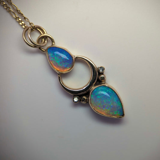 Over The Moon Pendant with Double Crystal Australian Opals and Accent Diamonds in 9 K Yellow Gold
