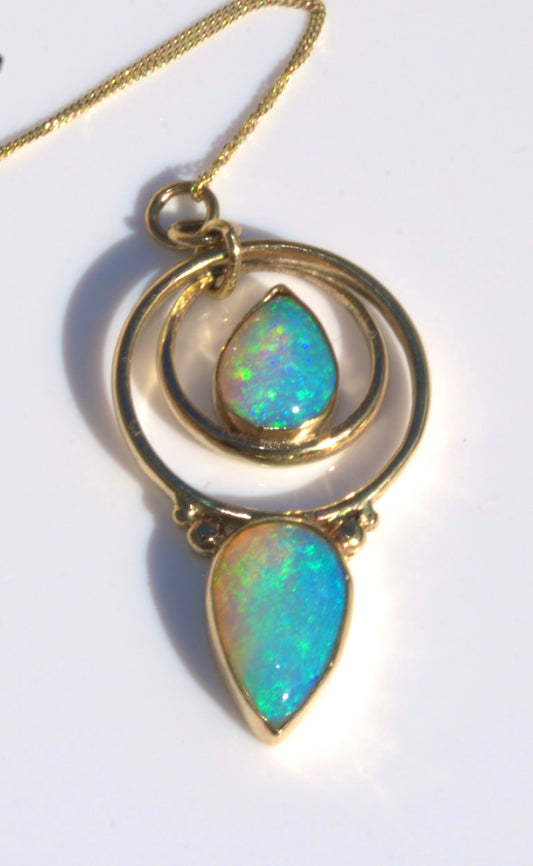 Crescent Moon Double Blue/Green Australian Crystal Opal Pendant in 9K Yellow Gold