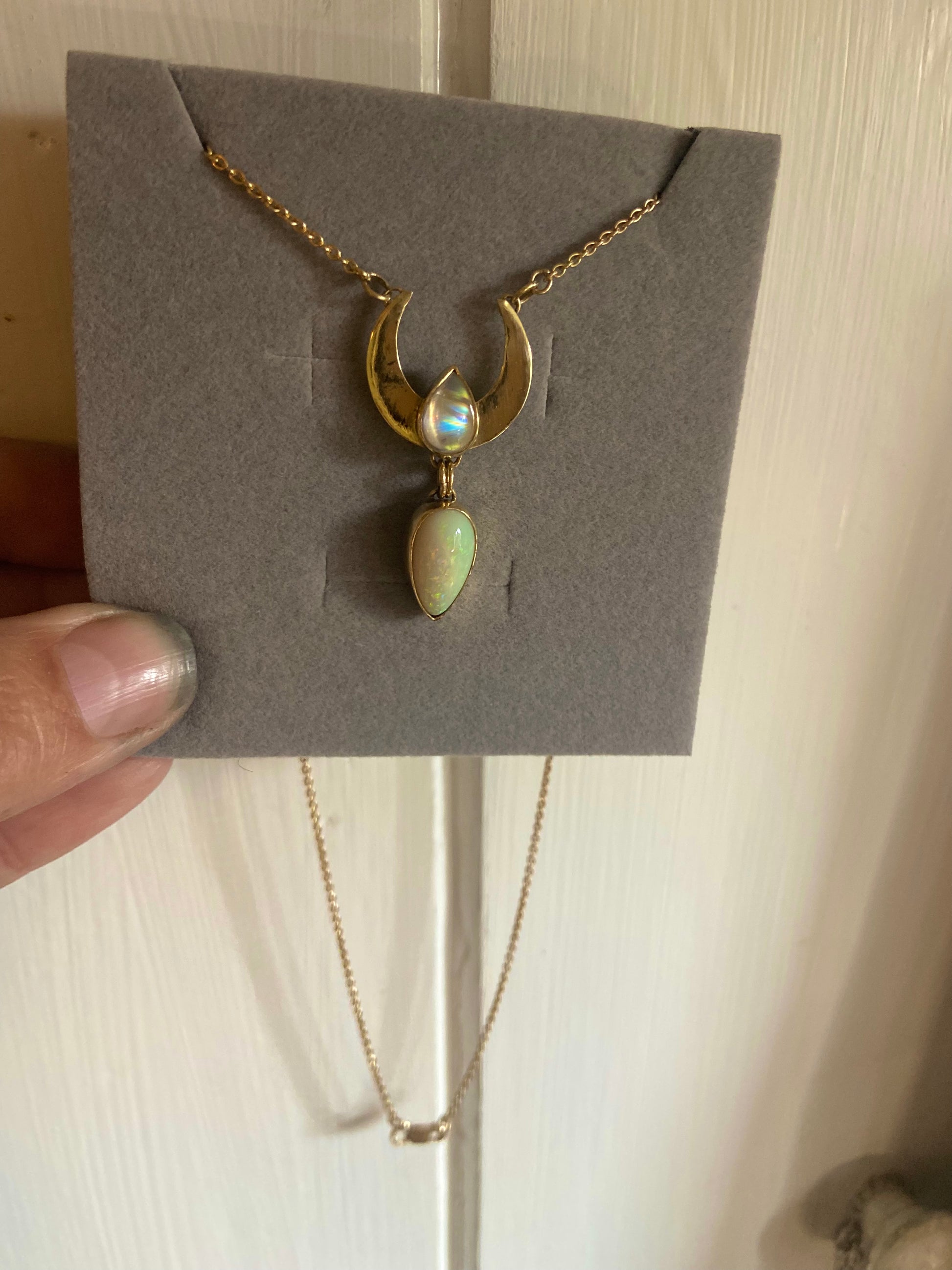 Crescent Moon pendant with Australian Opal & Moonstone in 18K Gold . Assay Hallmarked - Sweet B Jewellery