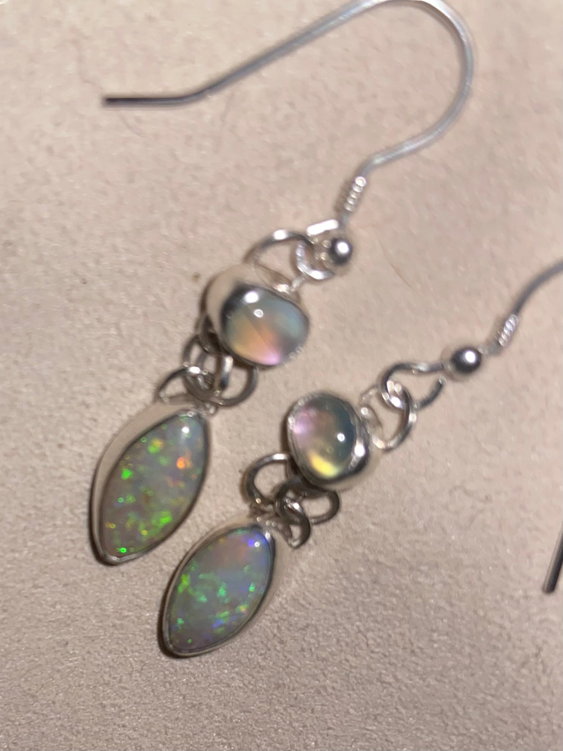 Australian Crystal Opal & Moonstone Drop Earrings in Sterling Silver - Sweet B Jewellery