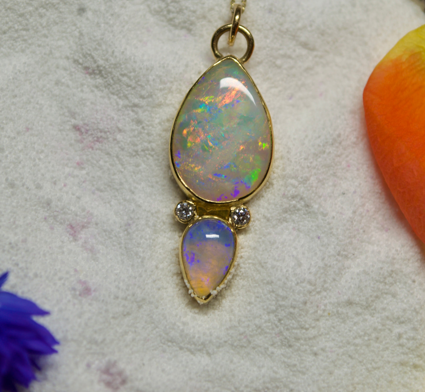 A statement Double Australian Opal Pendant with Accent Diamonds in 18K Yellow Gold . Assay Hallmarked