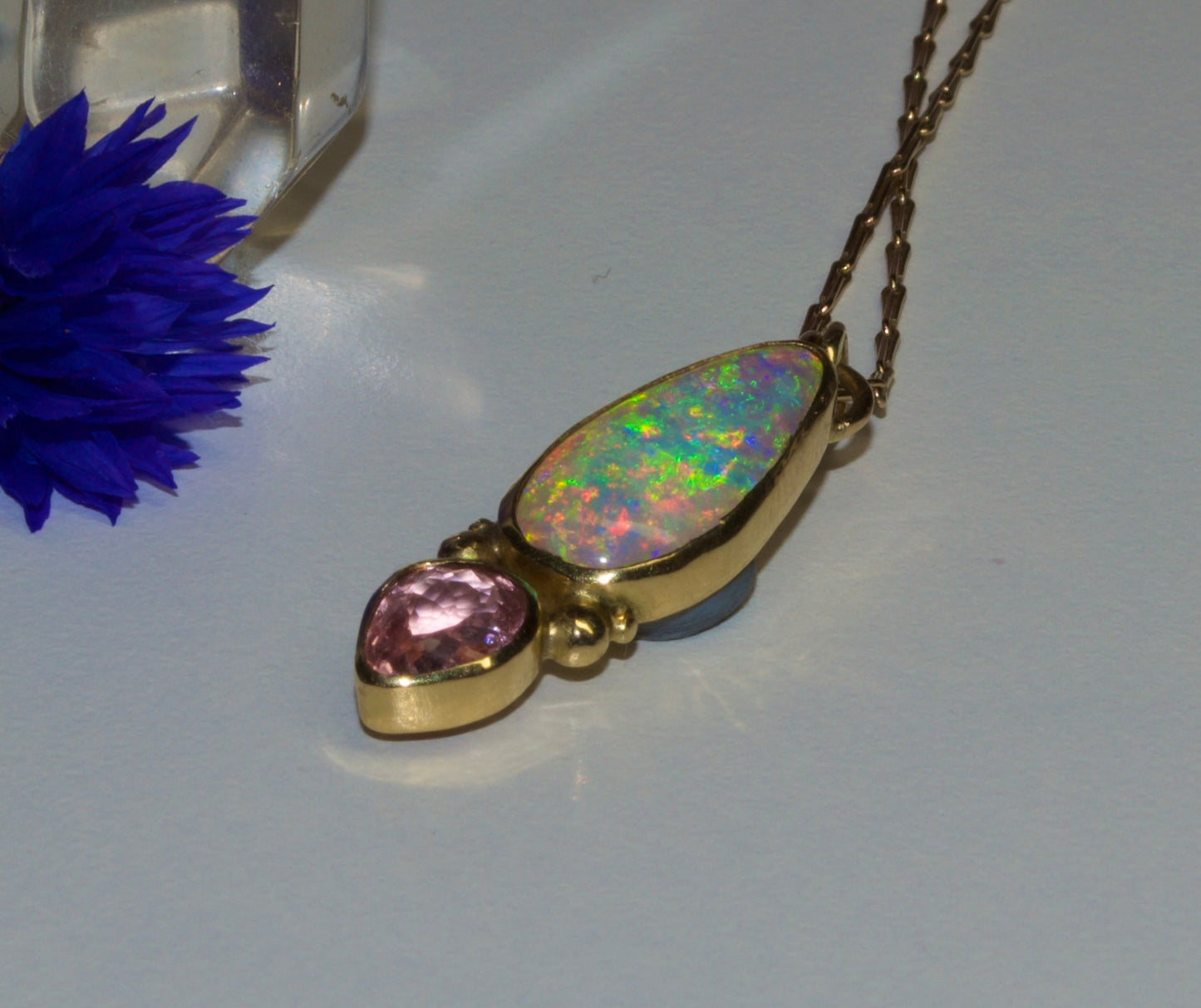 Australian Gem Crystal Opal Pendant with Peachy/Pink Tourmaline  in 18K Gold. Assay Hallmarked