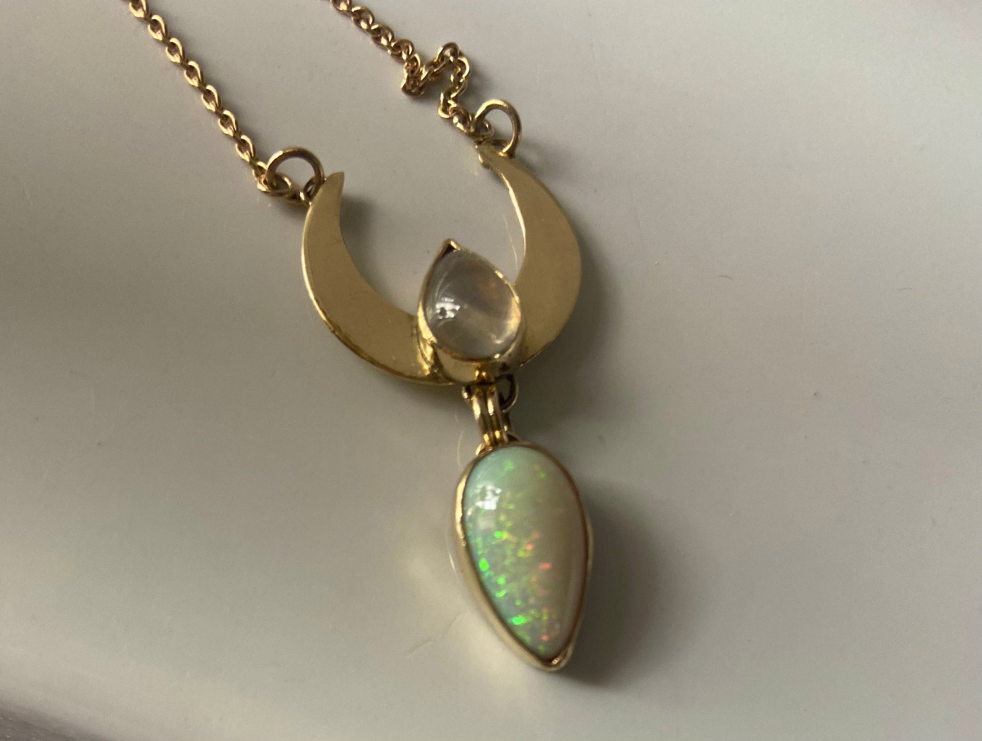 Crescent Moon pendant with Australian Opal & Moonstone in 18K Gold . Assay Hallmarked - Sweet B Jewellery