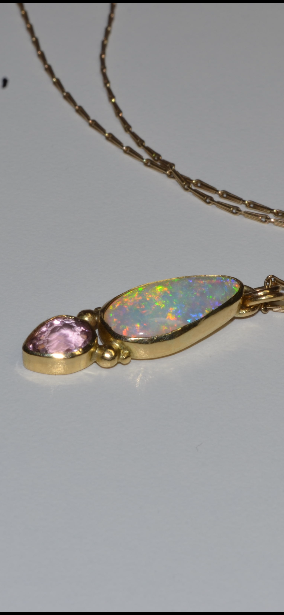 Australian Gem Crystal Opal Pendant with Peachy/Pink Tourmaline  in 18K Gold. Assay Hallmarked