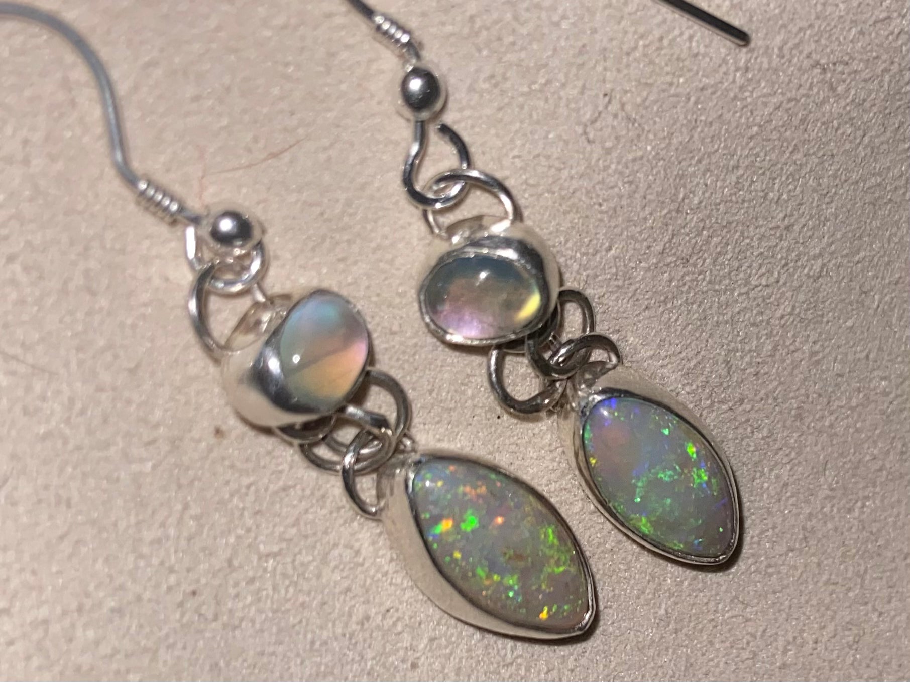 Australian Crystal Opal & Moonstone Drop Earrings in Sterling Silver - Sweet B Jewellery