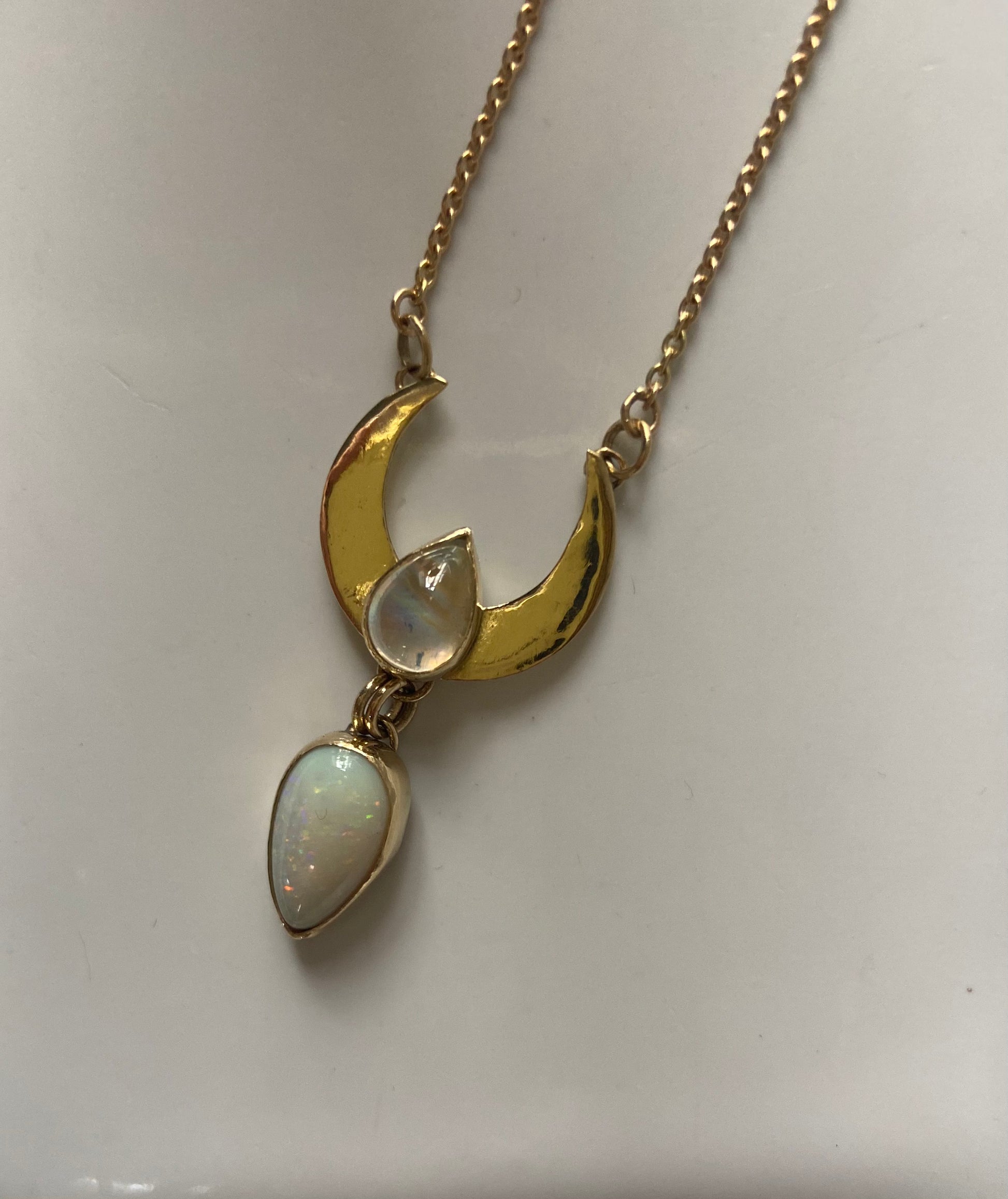 Crescent Moon pendant with Australian Opal & Moonstone in 18K Gold . Assay Hallmarked - Sweet B Jewellery