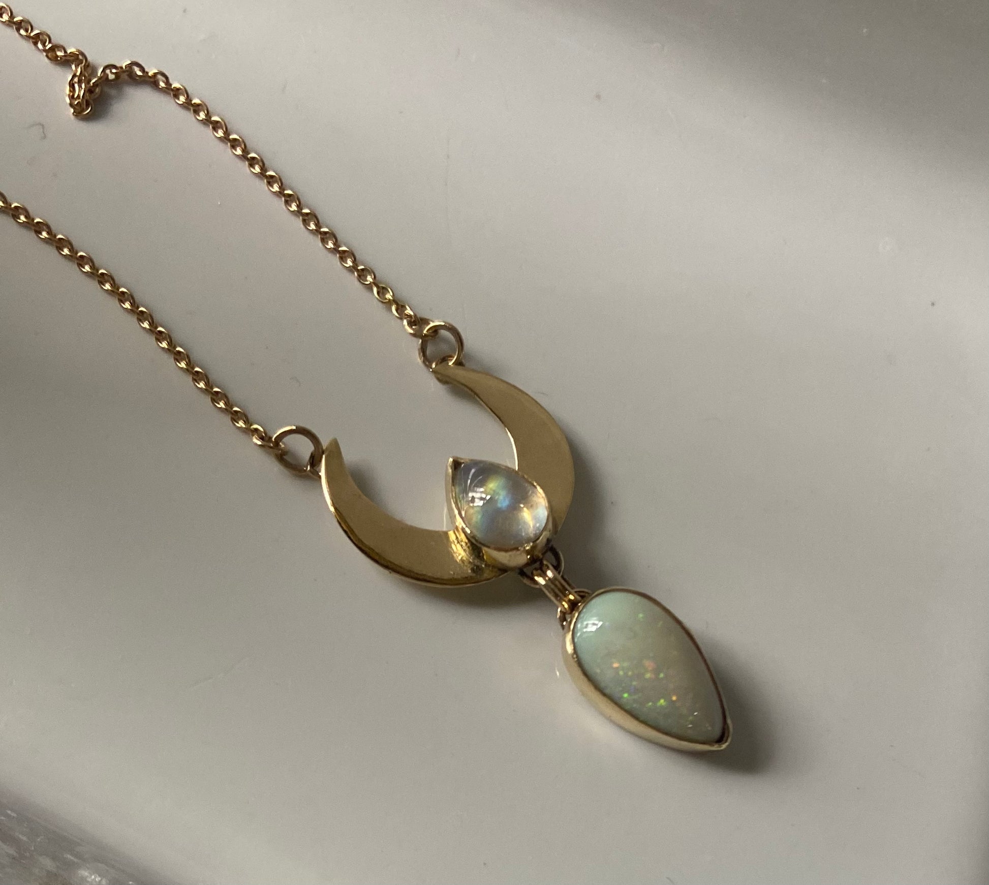 Crescent Moon pendant with Australian Opal & Moonstone in 18K Gold . Assay Hallmarked - Sweet B Jewellery