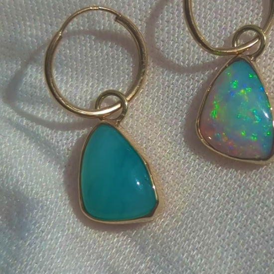 Blue Peruvian and Australian Opal Drop earrings in 9K Yellow gold hoops