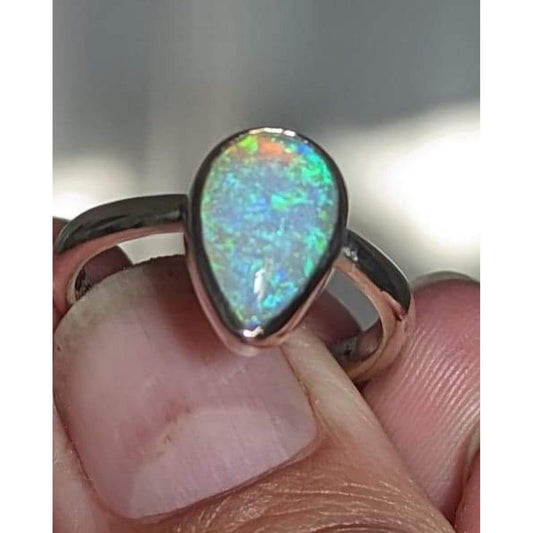 Blue/Green Australian Crystal Opal ring in a flattering tear drop shape in 9K white gold . Assay Hallmarked. - Sweet B Jewellery