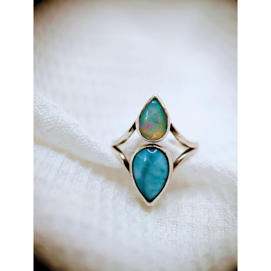 Opal & Larimar Split Shank Ring in Sterling Silver - Sweet B Jewellery