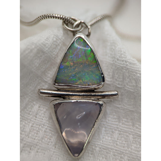 Sterling Silver Pendant with Australian Opal Carving And Lavender Quartz. Assay Hallmarked. - Sweet B Jewellery