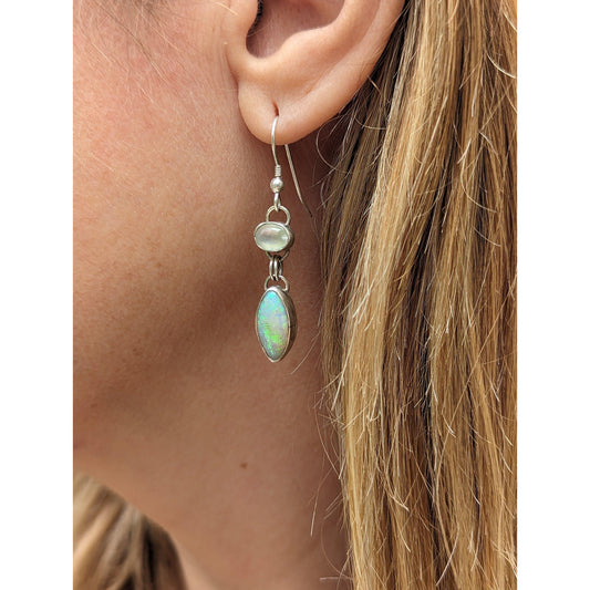 Australian Crystal Opal & Moonstone Drop Earrings in Sterling Silver - Sweet B Jewellery