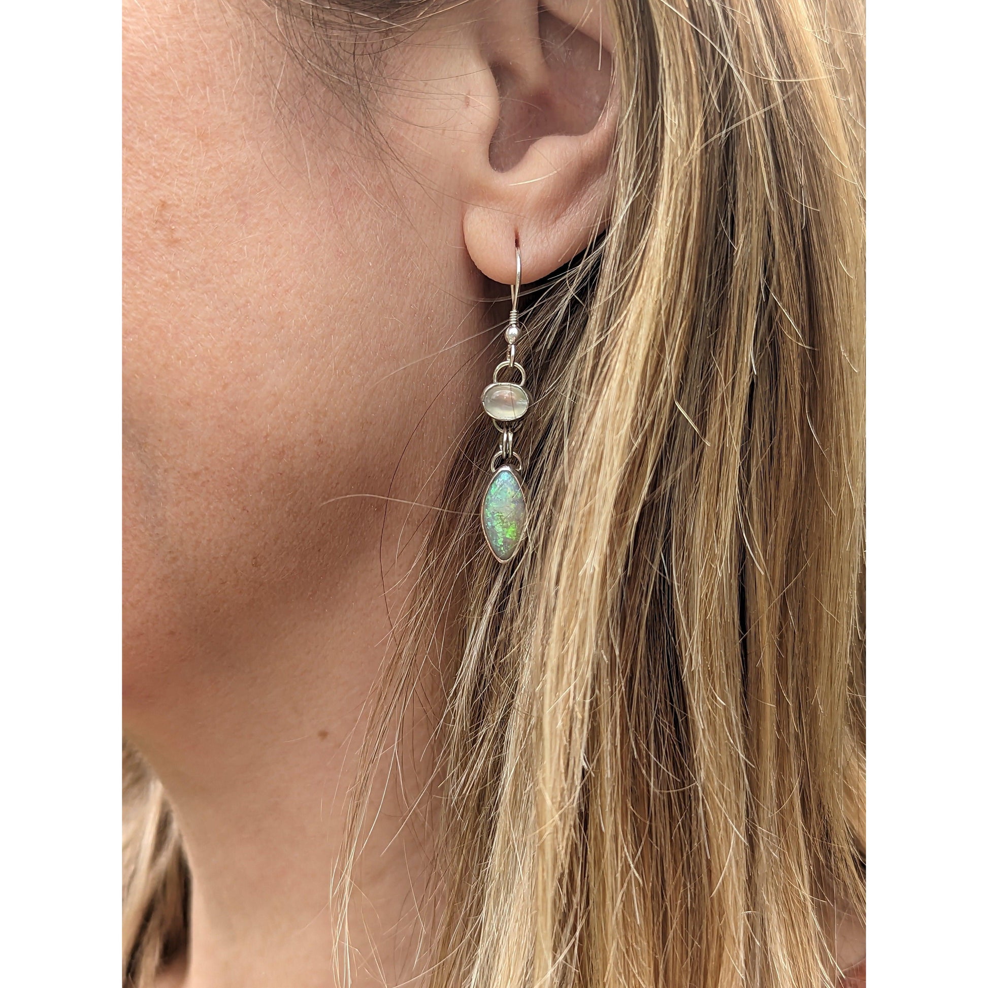 Australian Crystal Opal & Moonstone Drop Earrings in Sterling Silver - Sweet B Jewellery