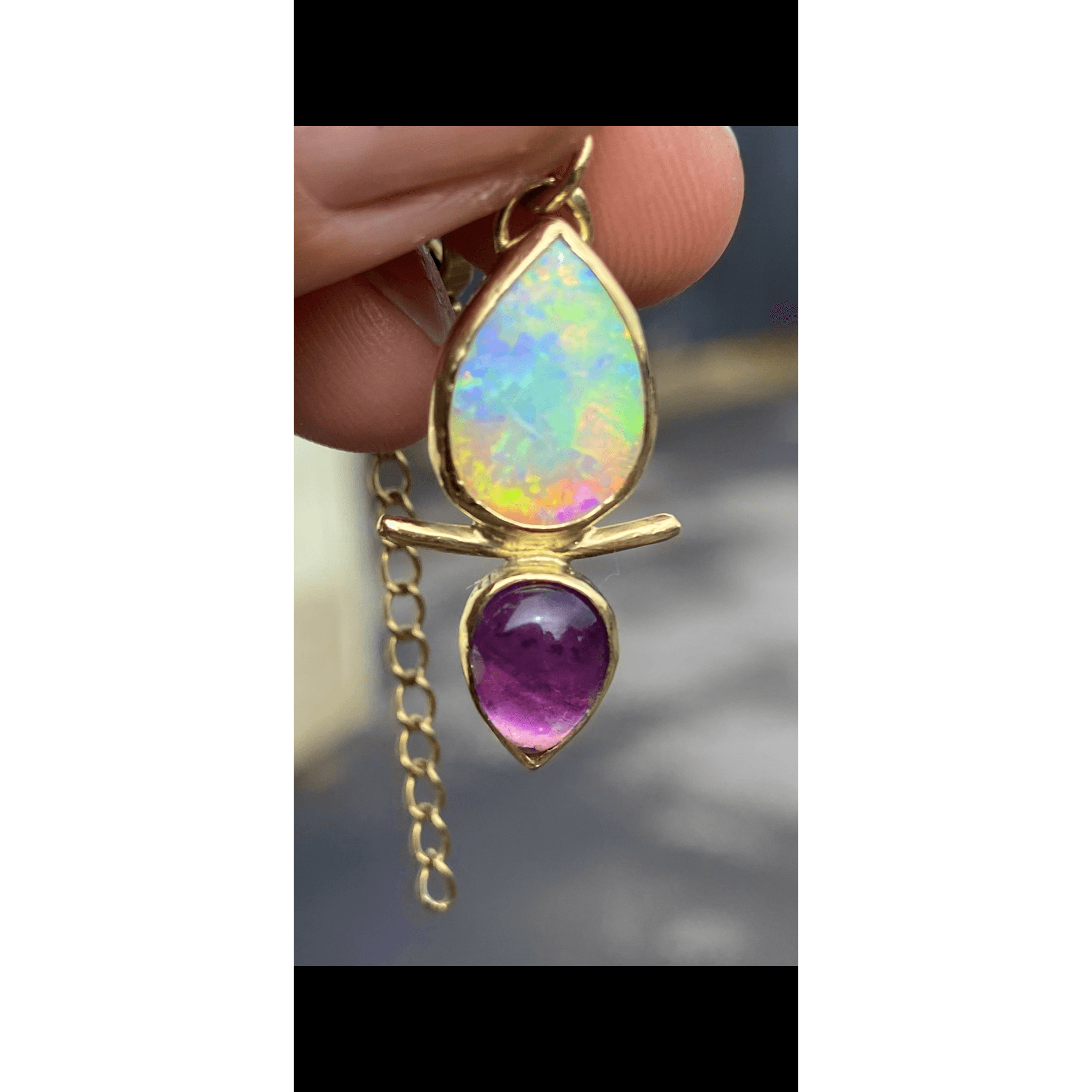 Australian Gem Crystal Opal & Amethyst Pendant in 18K Gold . Assay Hallmarked - Sweet B Jewellery