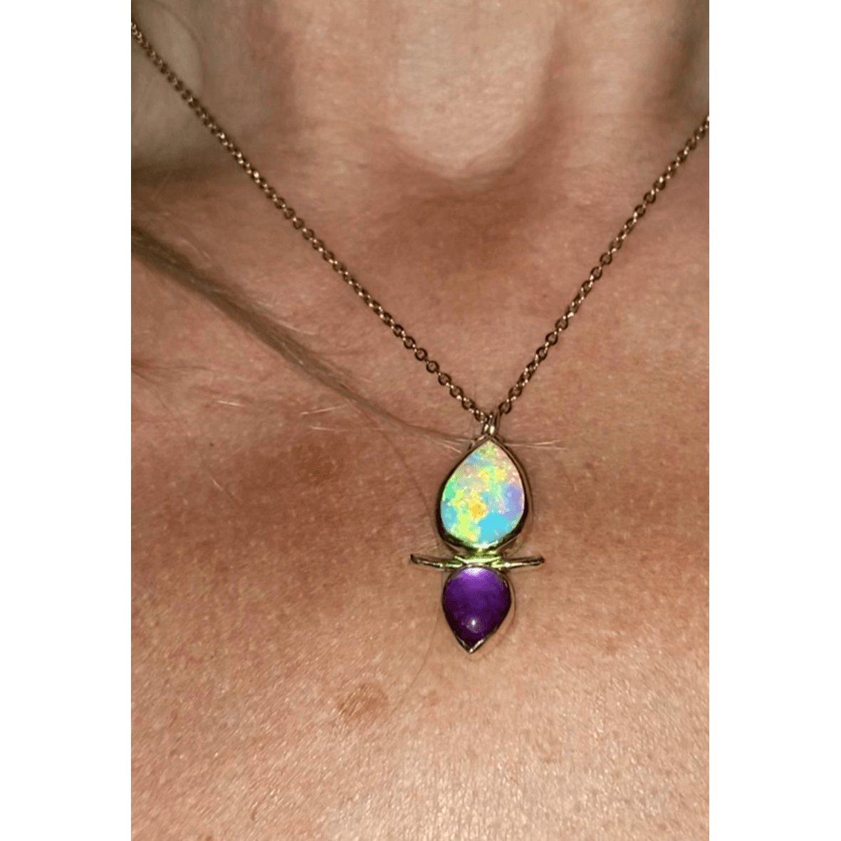 Australian Gem Crystal Opal & Amethyst Pendant in 18K Gold . Assay Hallmarked - Sweet B Jewellery