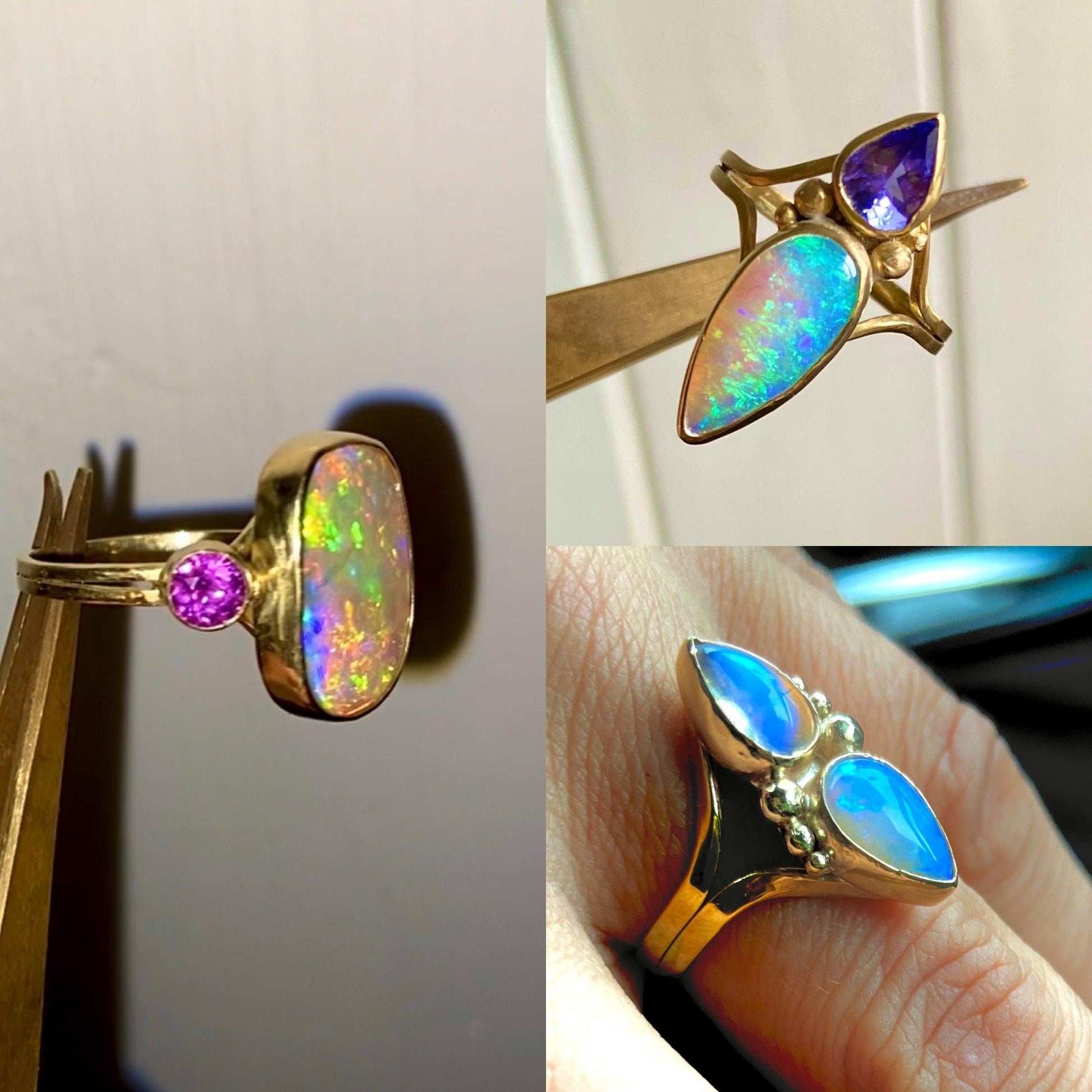 Large Bright Australian Gem Crystal Opal Ring with accent pink sapphires set in 18K Gold . Assay hallmarked. - Sweet B Jewellery